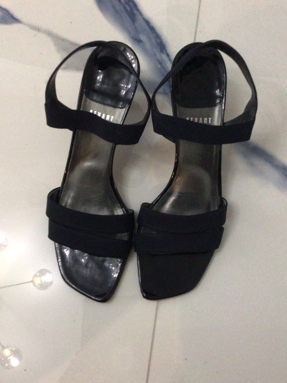 Stuart Weitzman Navy Blue Strappy Square-Toe Heels